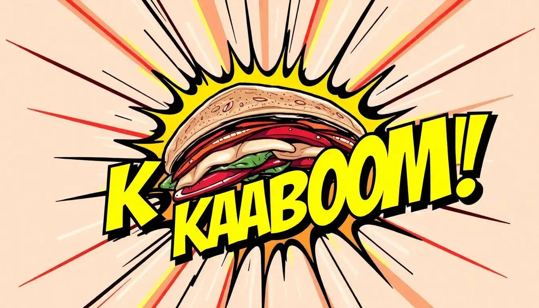Cartoon sandwich with comic book explosion representing Kaboom Cards in Panini Absolute for sports card collectors