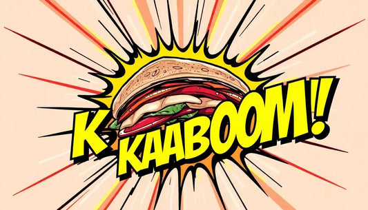 Cartoon sandwich with comic book explosion representing Kaboom Cards in Panini Absolute for sports card collectors