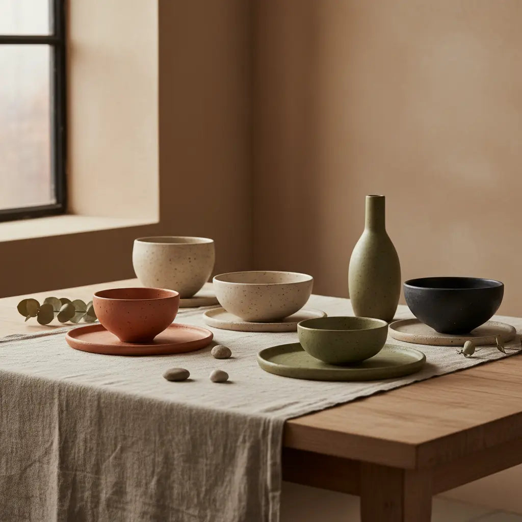 Artisanal ceramics displayed on a textured linen surface with soft, warm studio light.