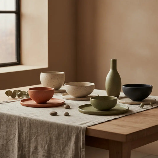 Artisanal ceramics displayed on a textured linen surface with soft, warm studio light.