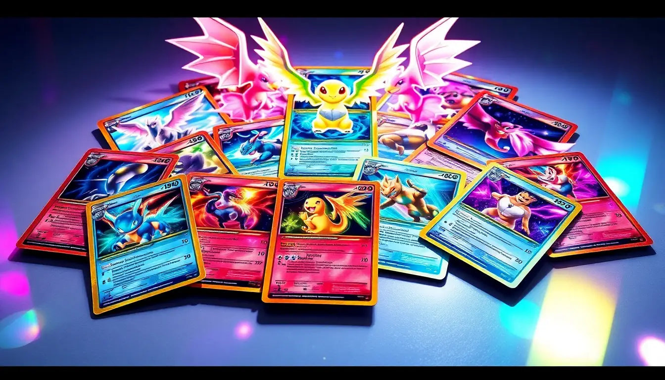 Vibrant collection of Pokémon trading cards showcasing Mega Evolution and Alchemist Cards