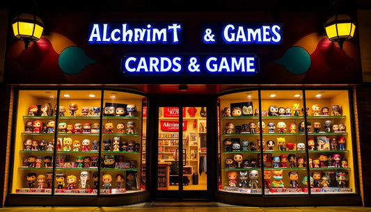 Storefront showcasing collectibles including exclusive Funko Pop figures and Alchemist Cards
