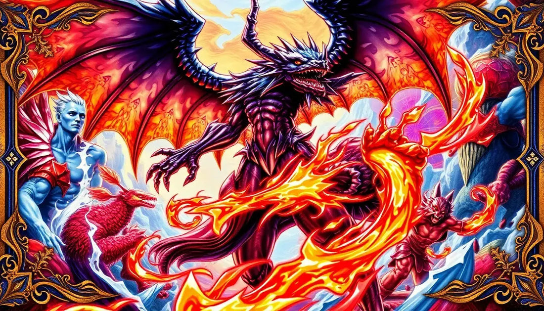 Fiery dragon battle scene from a rare trading card in a valuable collection demonstrating smart collecting strategies