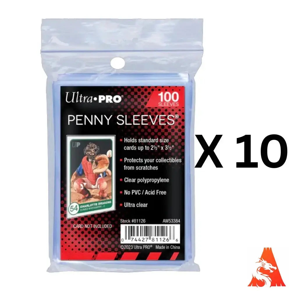 A pack of 100 ultra pro penny sleeves clear premium card protectors in polypropylene with red and black label design for premium card storage