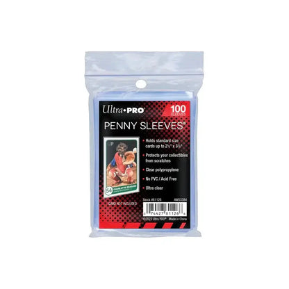 A pack of 100 ultra clear premium card sleeves by Ultra Pro for standard 2.5 x 3.5 inch trading card storage