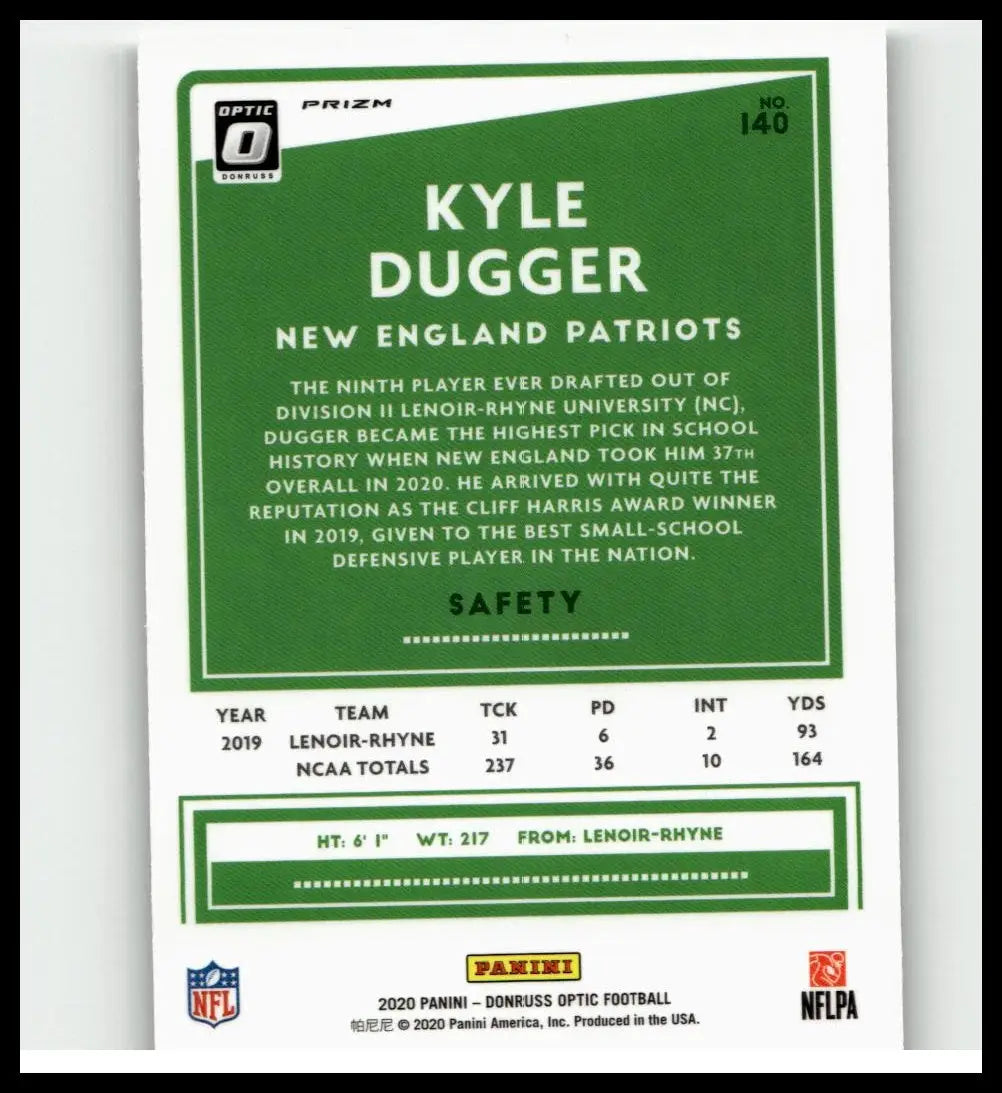 Green and white 2020 donruss optic #140 kyle dugger holo baseball card featuring new england patriots player