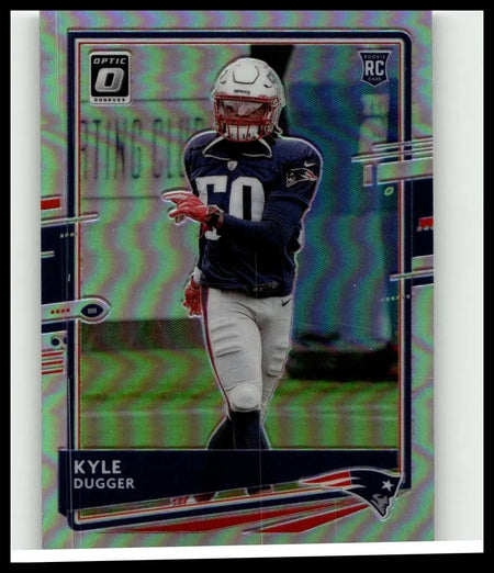 Shimmering iridescent 2020 donruss optic kyle dugger holo trading card in new england patriots uniform