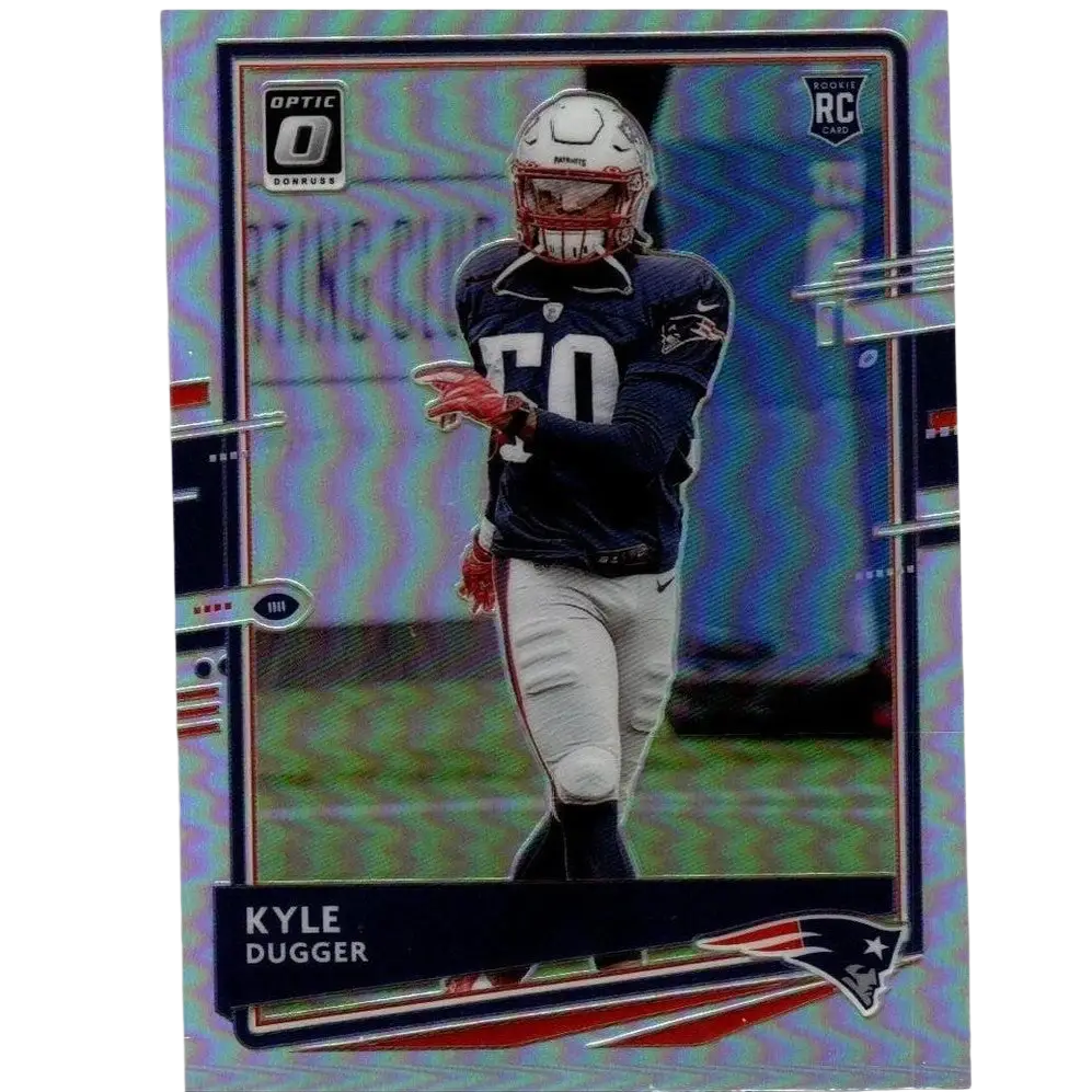Silver and blue iridescent donruss optic 2020 kyle dugger football trading card featuring new england patriots uniform