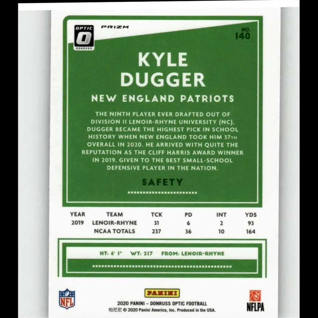 Back of green and white 2020 donruss optic prizm football trading card featuring kyle dugger model 140 silver