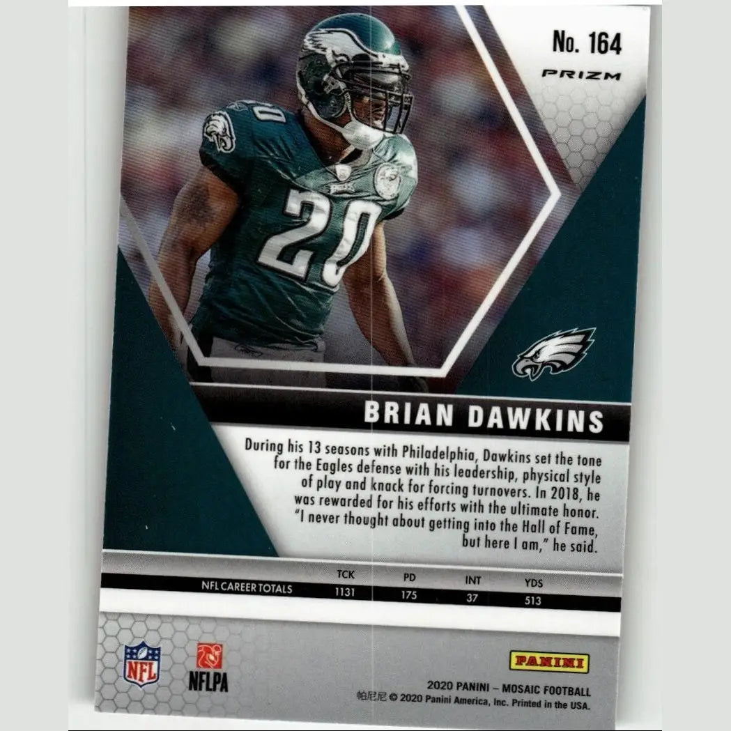 Image of 2020 panini mosaic brian dawkins prizm reactive orange football card featuring dawkins in green and white jersey
