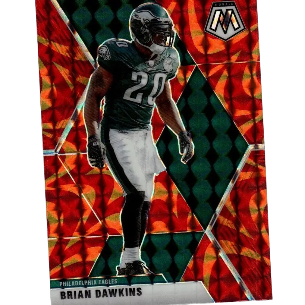 Brian dawkins prizm reactive orange trading card from 2020 panini mosaic featuring player in dark green jersey and black pants