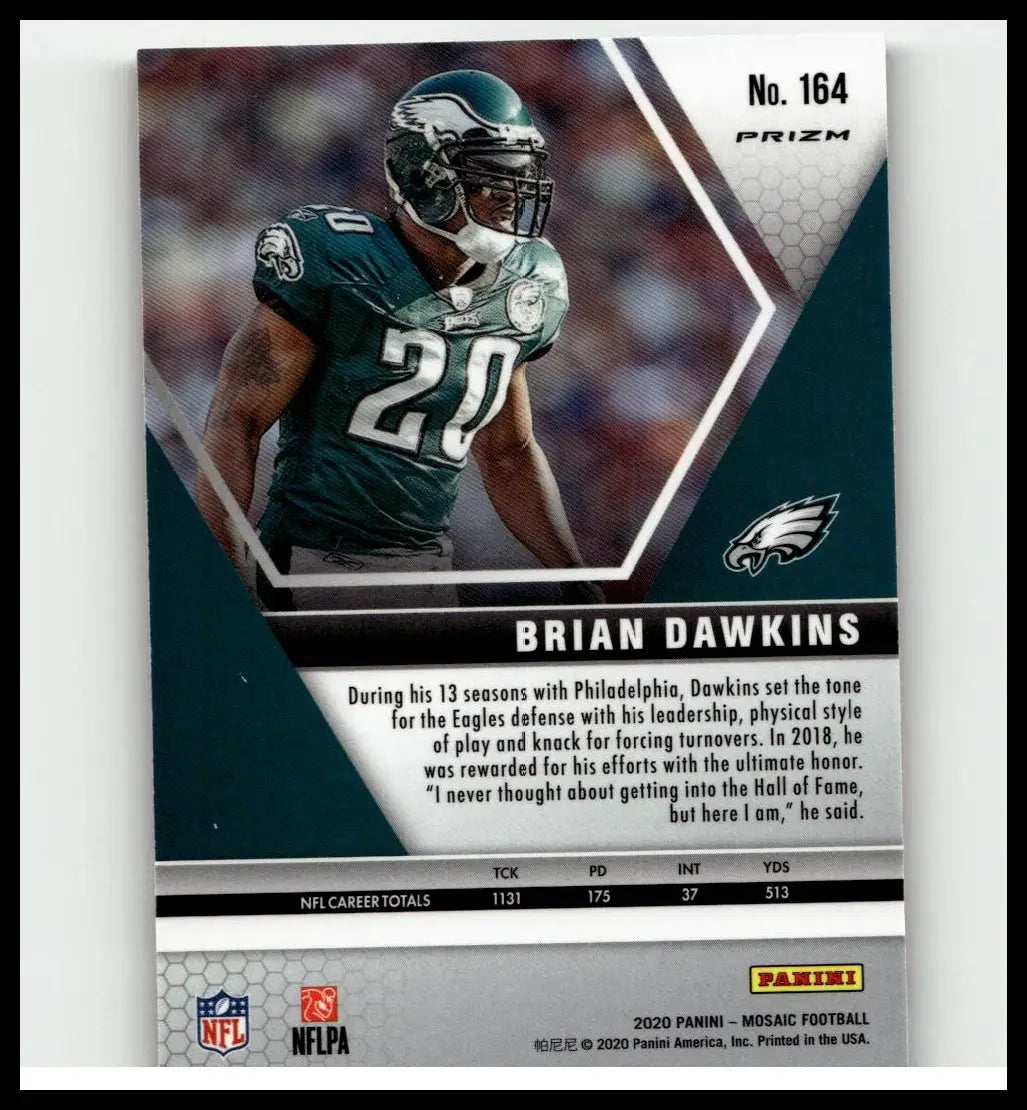 Dark teal and black 2020 panini mosaic brian dawkins prizm reactive orange nfl trading card number 164