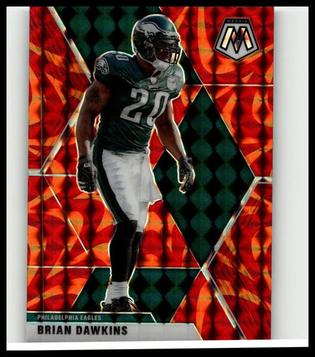 2020 panini mosaic #164 brian dawkins prizm reactive orange card showing dawkins in eagles green jersey number 20