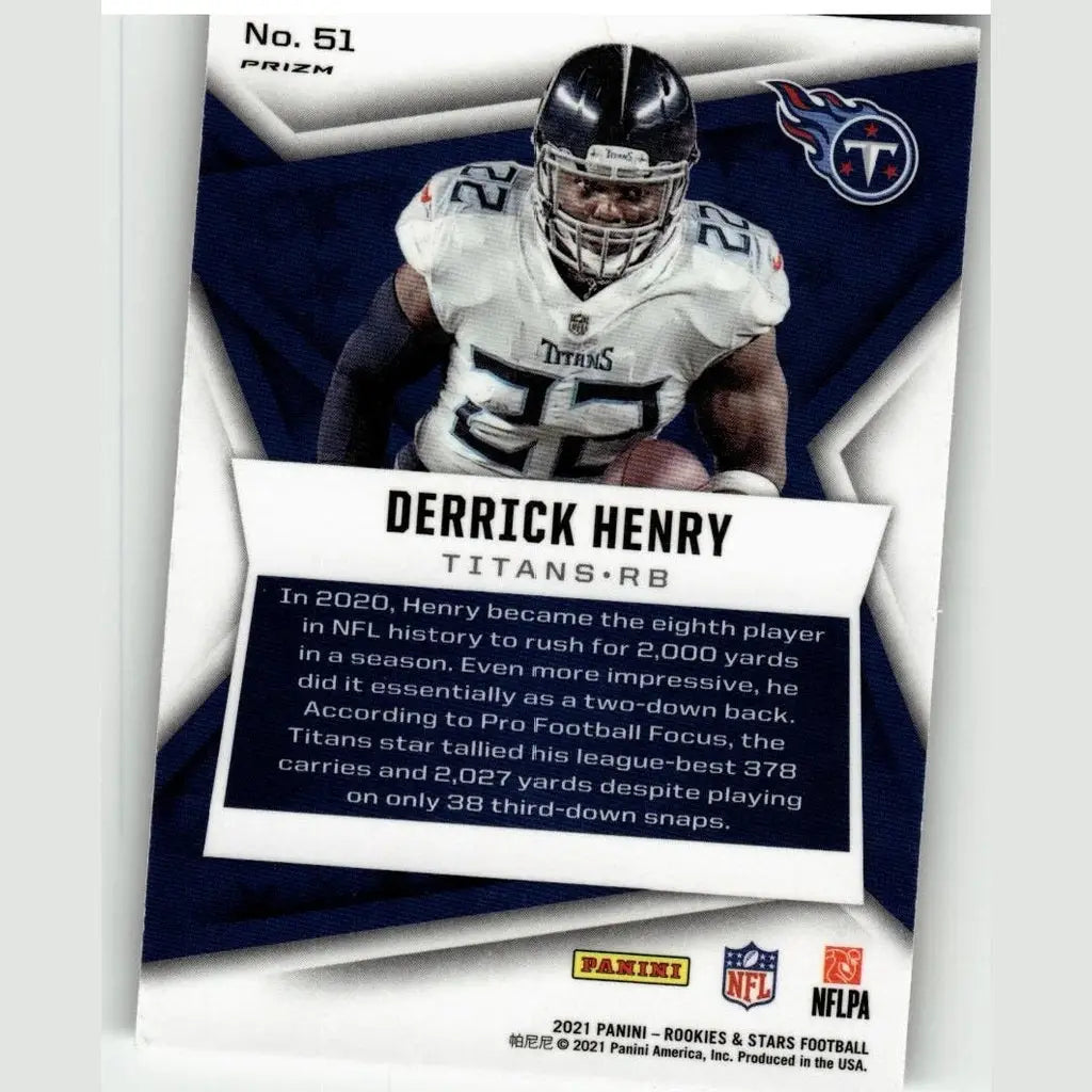 A blue and white 2021 panini rookies and stars derrick henry pulsar prizm football trading card in titans uniform