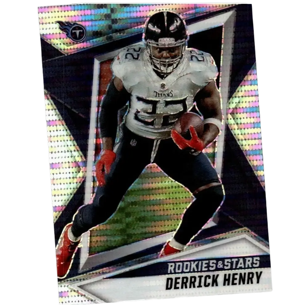 A vibrant holographic 2021 panini rookies and stars derrick henry pulsar prizm trading card in action pose