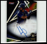 Blue and white milwaukee brewers baseball trading card featuring hedbert perez best autograph from 2022 bowmans best