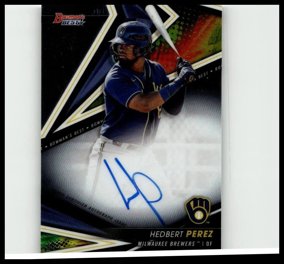 Blue and white milwaukee brewers baseball trading card featuring hedbert perez best autograph from 2022 bowmans best