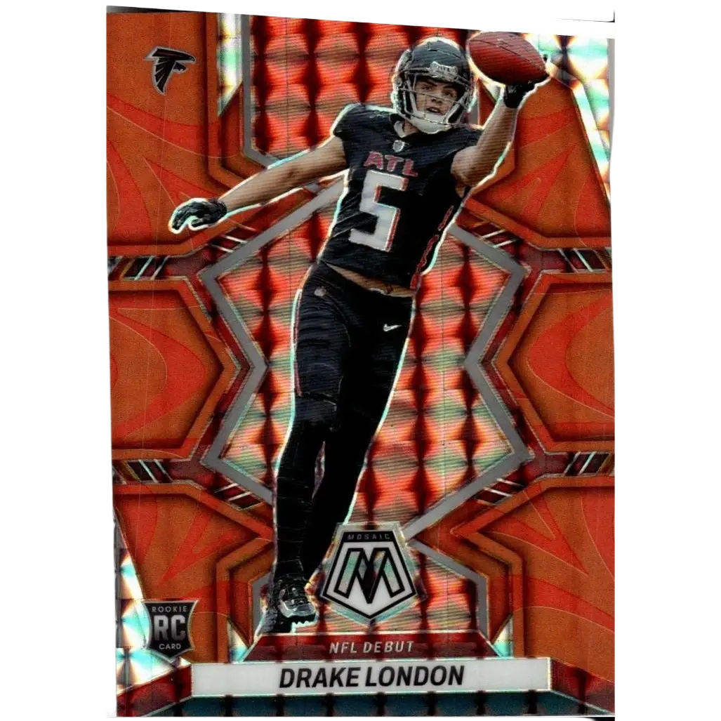 Vibrant orange and silver holographic 2022 panini mosaic #275 drake london mosaic reactive football trading card