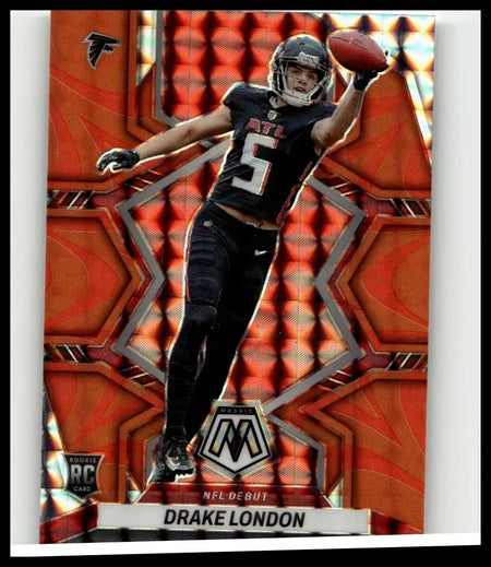 Orange and red holographic 2022 panini mosaic #275 drake london mosaic reactive rookie football trading card
