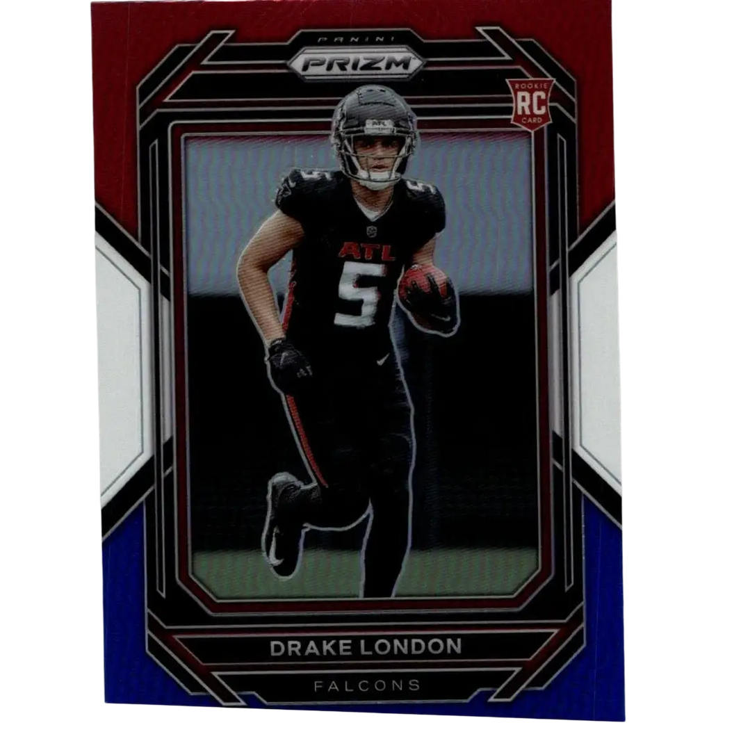 Red and blue bordered 2022 panini prizm rookie card of drake london in black atlanta falcons jersey number 5