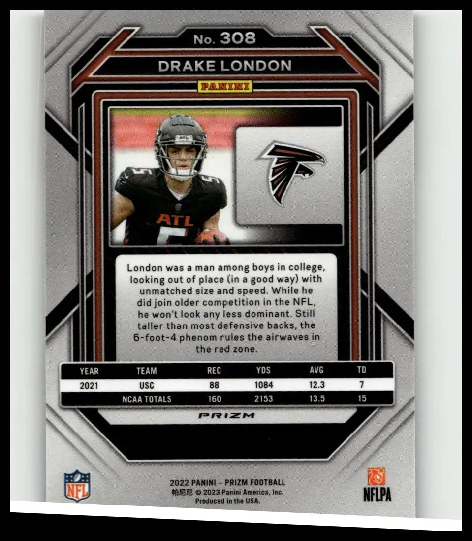 Silver and black panini prizm football card featuring drake london red white and blue in atlanta falcons uniform