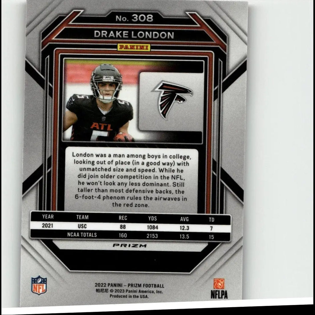 Silver and black panini prizm football trading card featuring drake london in atlanta falcons uniform from 2022 panini prizm red white and blue