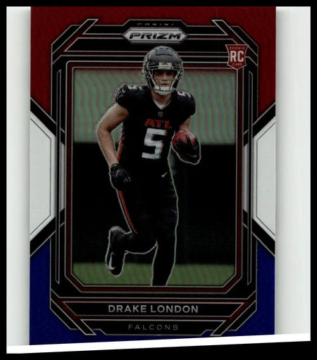 Black and red atlanta falcons rookie card featuring drake london in number 5 jersey 2022 panini prizm 308 london red white