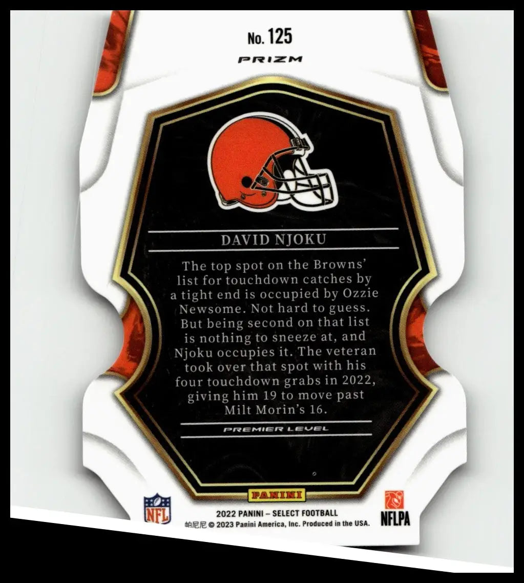 Orange cleveland browns football helmet logo on black and gold hexagonal card 2022 david njoku silver prizm die cut