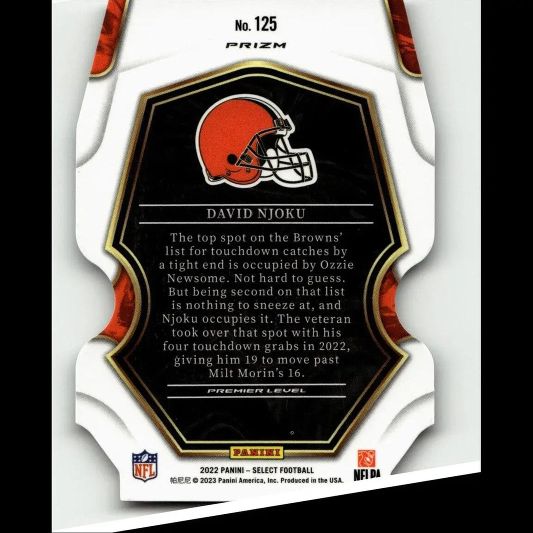 2022 panini select david njoku silver prizm die cut card with orange and brown cleveland browns helmet logo