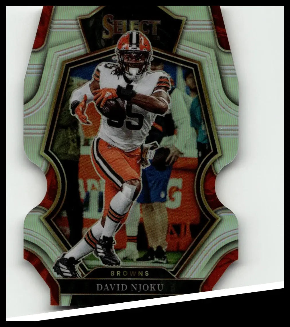 2022 Panini Select #125 David Njoku silver prizm die cut football card with ornate iridescent green and red border
