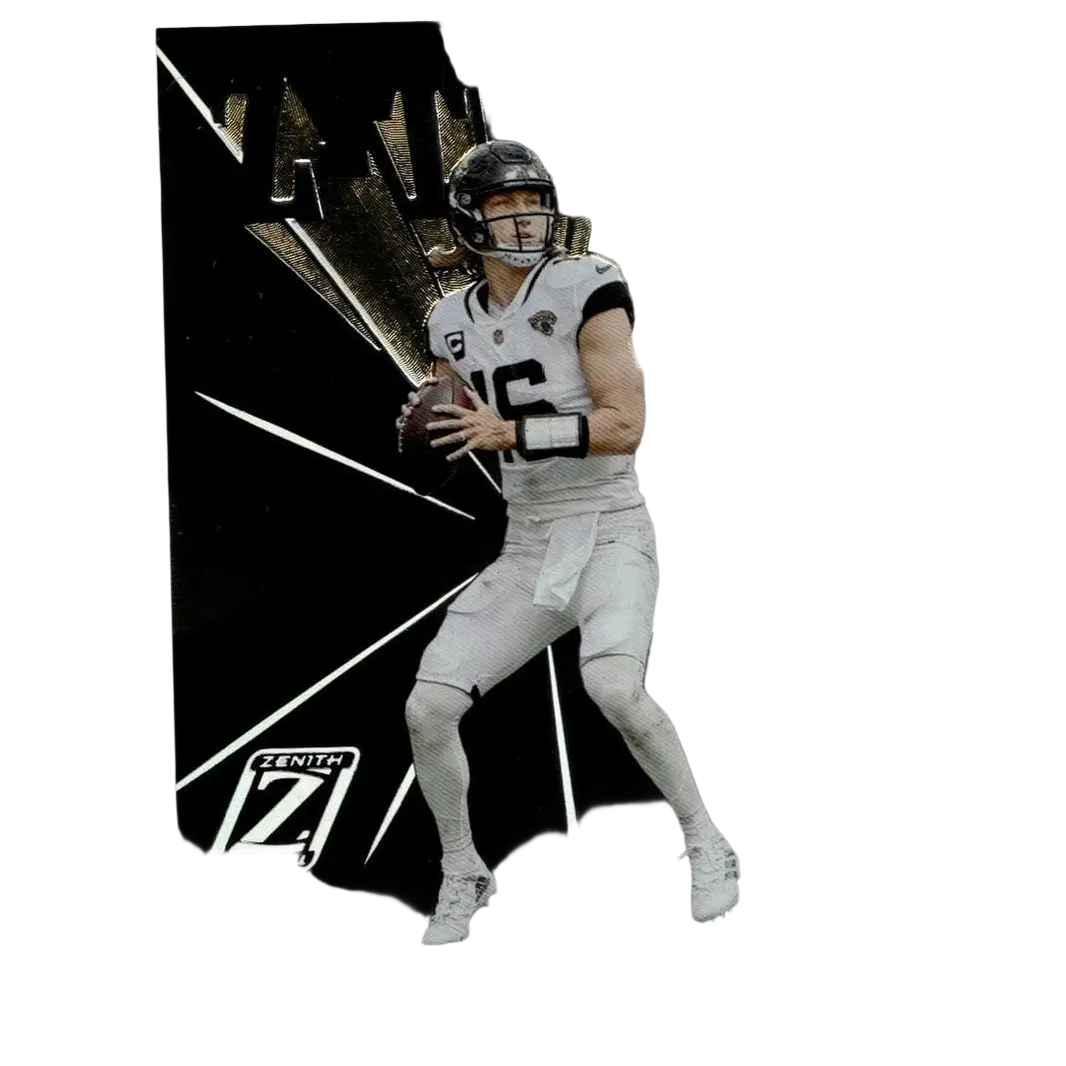 Black and gold 2022 zenith football trading card featuring trevor lawrence in white jersey number 16 holding football