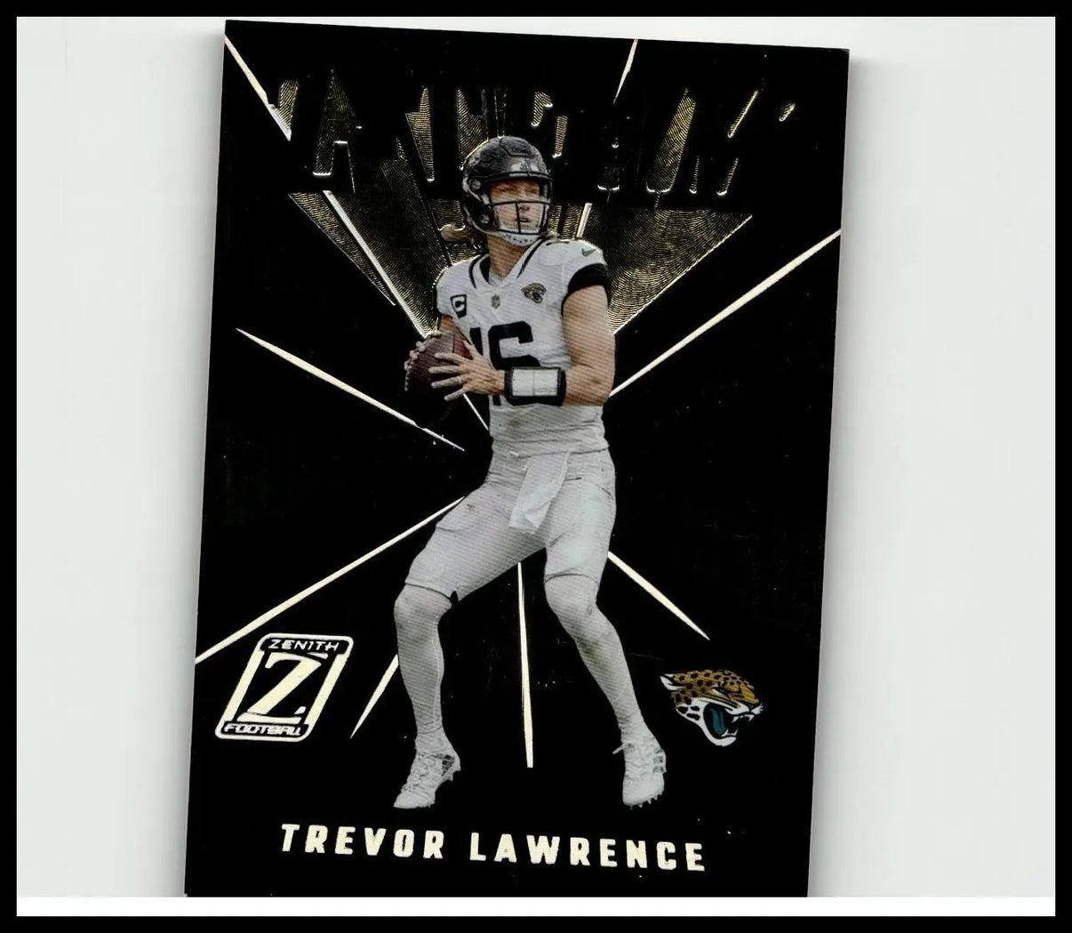Black and silver 2022 Zenith #ZT-10 Trevor Lawrence football trading card showing Lawrence in white number 16 uniform holding ball