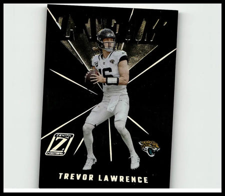 Black and silver 2022 Zenith #ZT-10 Trevor Lawrence football trading card showing Lawrence in white number 16 uniform holding ball