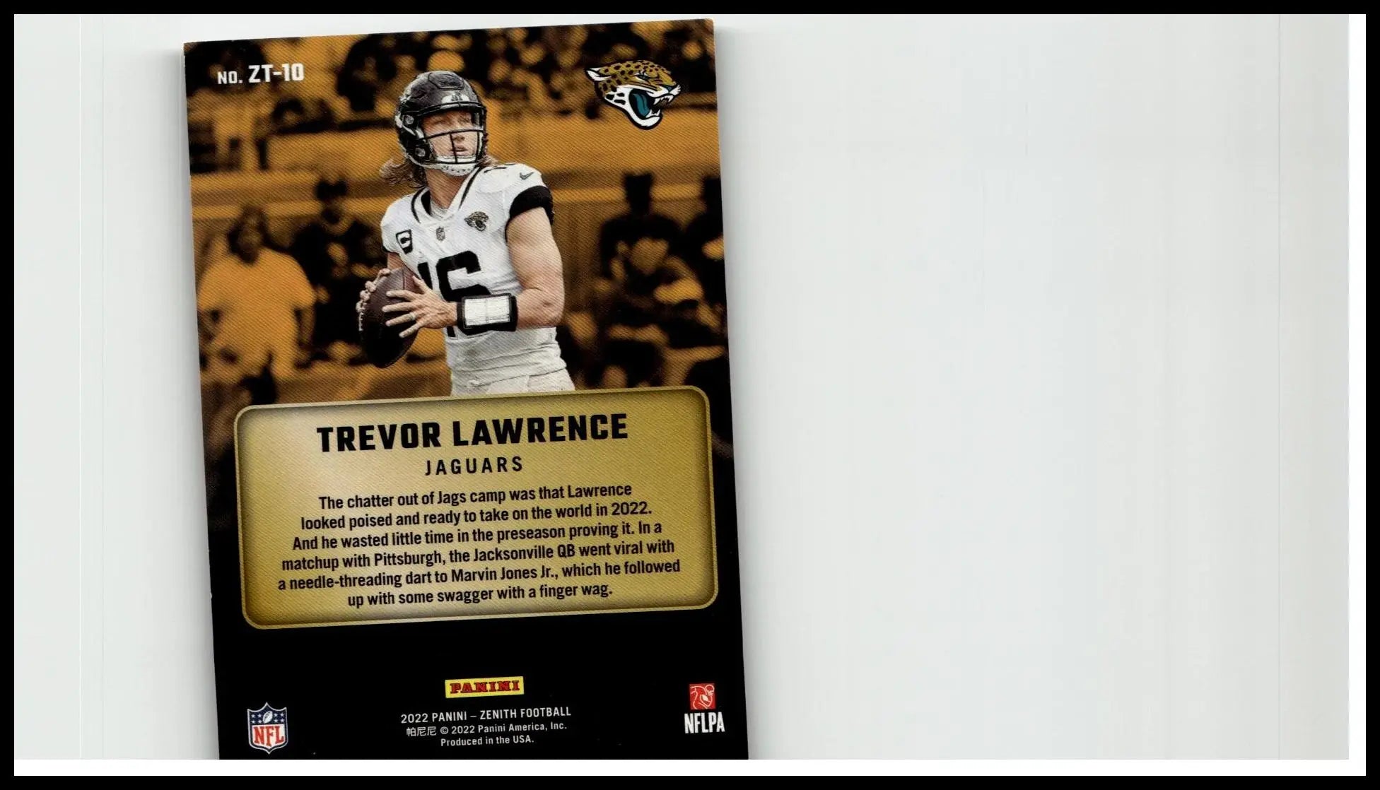 Back side of 2022 Zenith #ZT-10 trevor lawrence Jaguars football trading card with black and gold design for toys and games