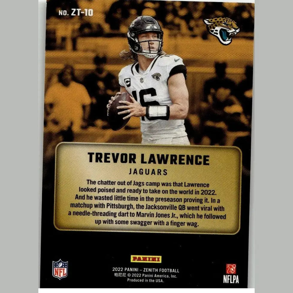 2022 panini zenith football trading card featuring trevor lawrence in white jaguars jersey holding football toy figure