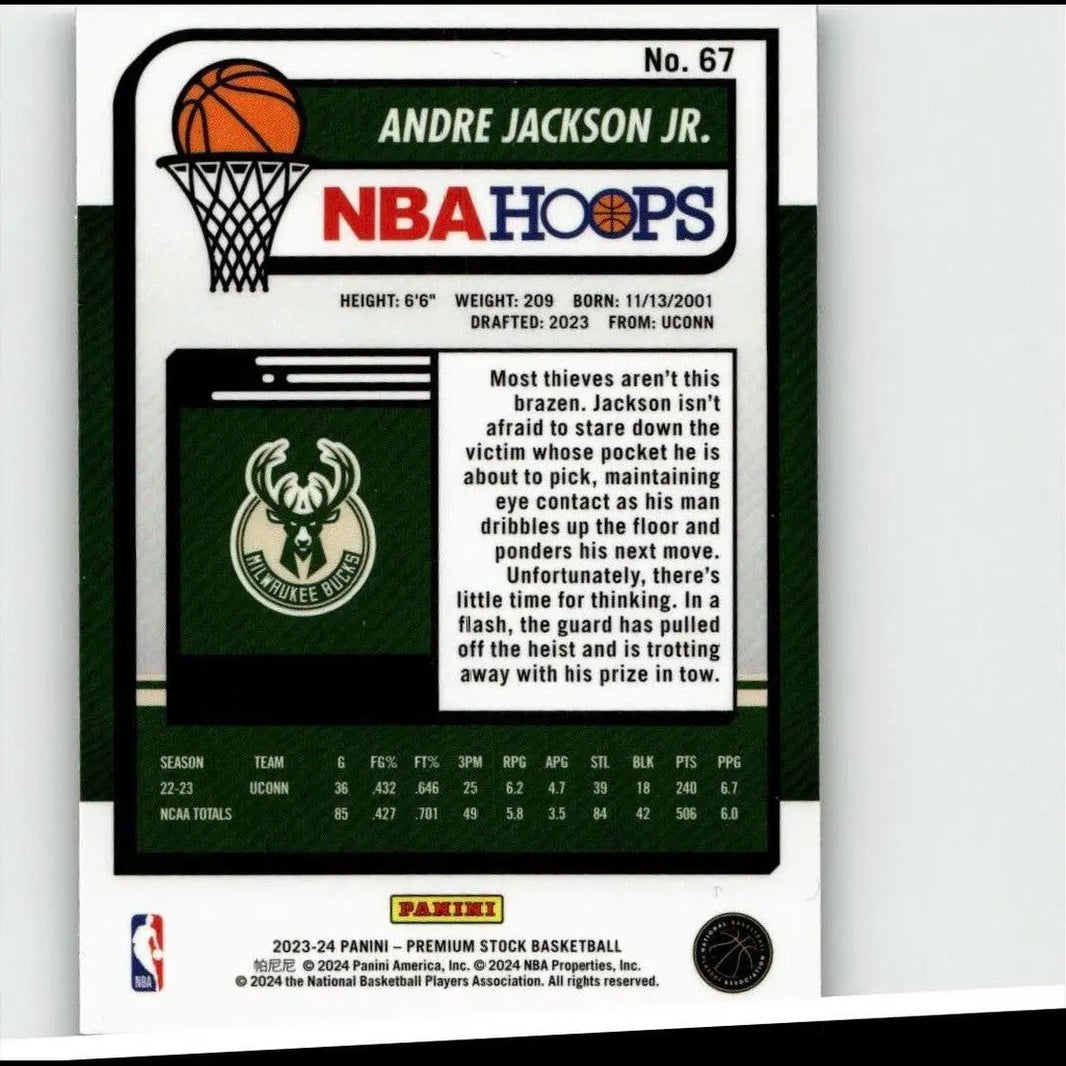 Green and black nba hoops premium stock trading card featuring andre jackson jr 2023-24 hoops premium #67