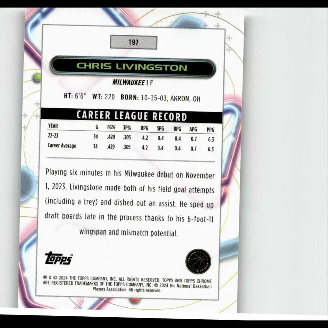 Black and white topps chrome cosmic basketball trading card featuring chris livingston with silver topps chrome logo