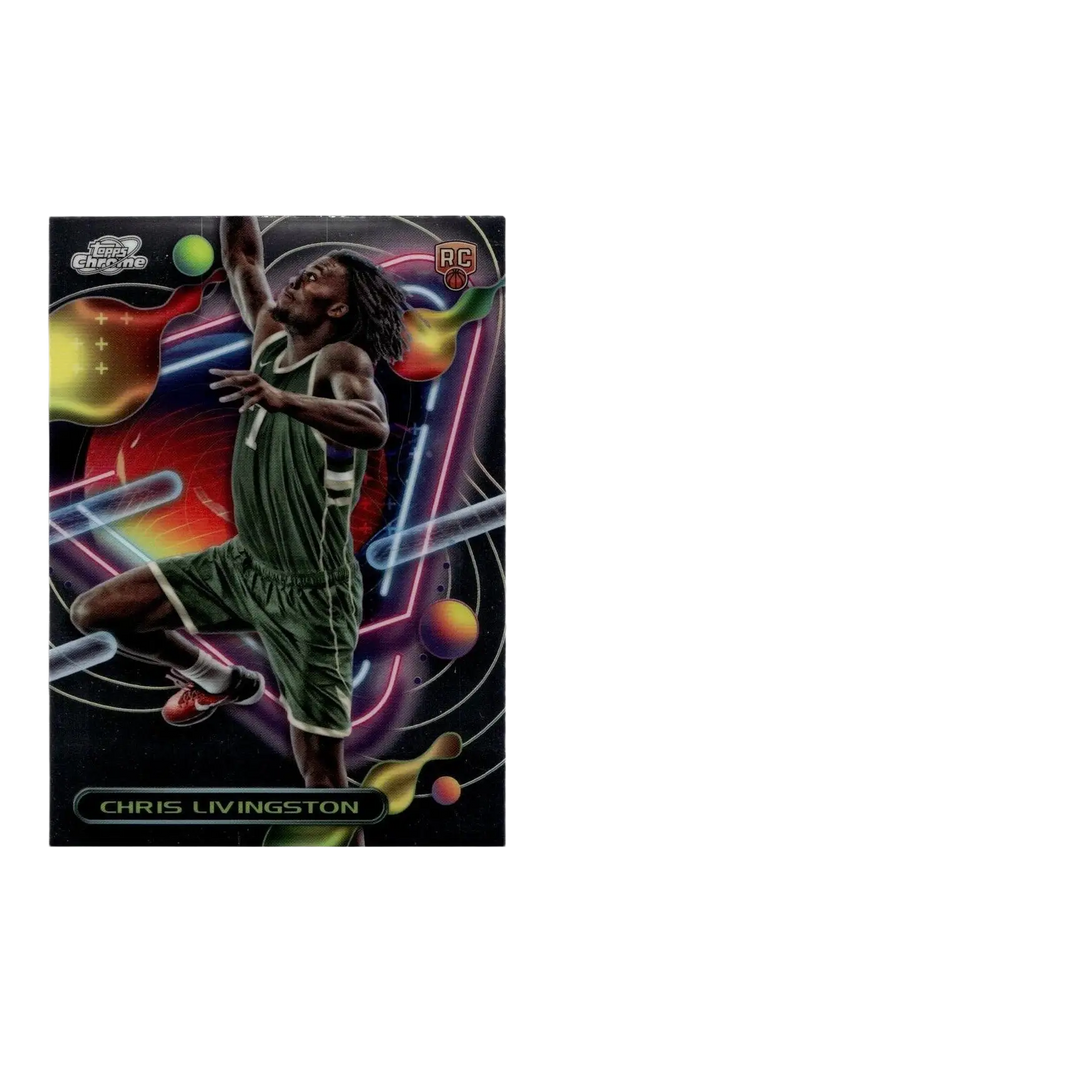 Vibrant neon-colored topps chrome cosmic basketball trading card featuring chris livingston in green uniform