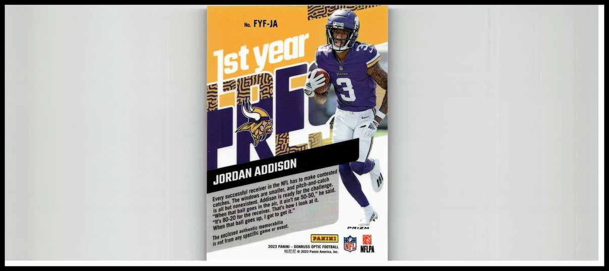 Purple and gold minnesota vikings football trading card of jordan addison 1st year in 2023 donruss optic collection