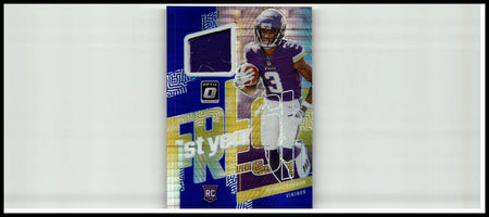 Purple and gold minnesota vikings jordan addison 1st year rookie card with embedded game-used jersey swatch 2023 donruss optic