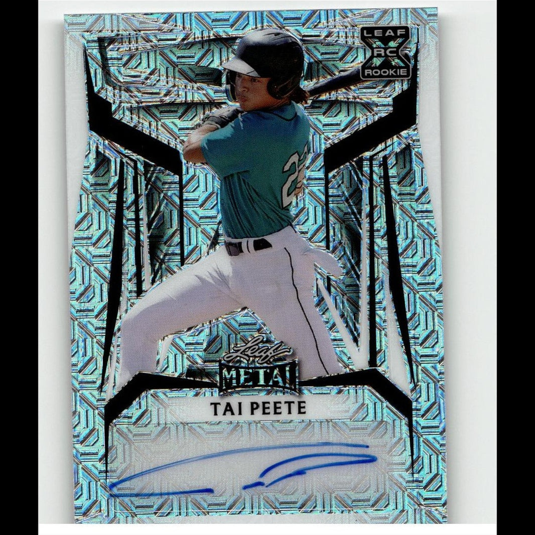 A teal and white baseball rookie card featuring tai peete in a batting stance, with an autograph below on a shimmering metallic blue geometric background.