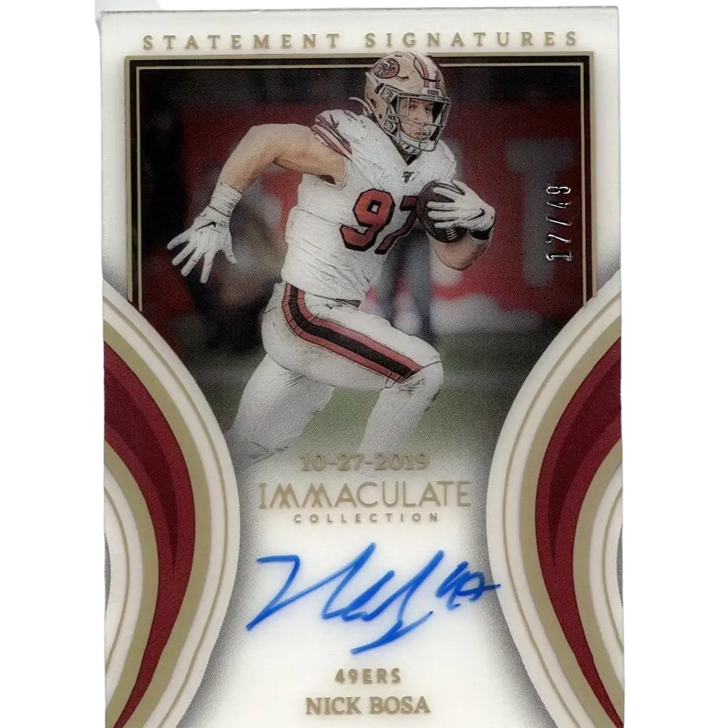 White and red san francisco 49ers football trading card featuring nick bosa panini immaculate statement signatures