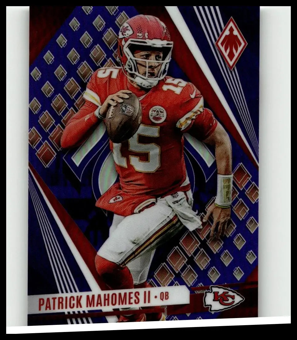 Red and white kansas city chiefs football jersey with number 15 worn by patrick mahomes ii from 2023 panini phoenix mahomes ii purple