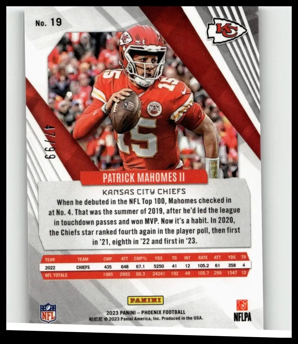 Red and white Kansas City Chiefs football trading card featuring Patrick Mahomes II in Panini Phoenix mahomes ii purple design