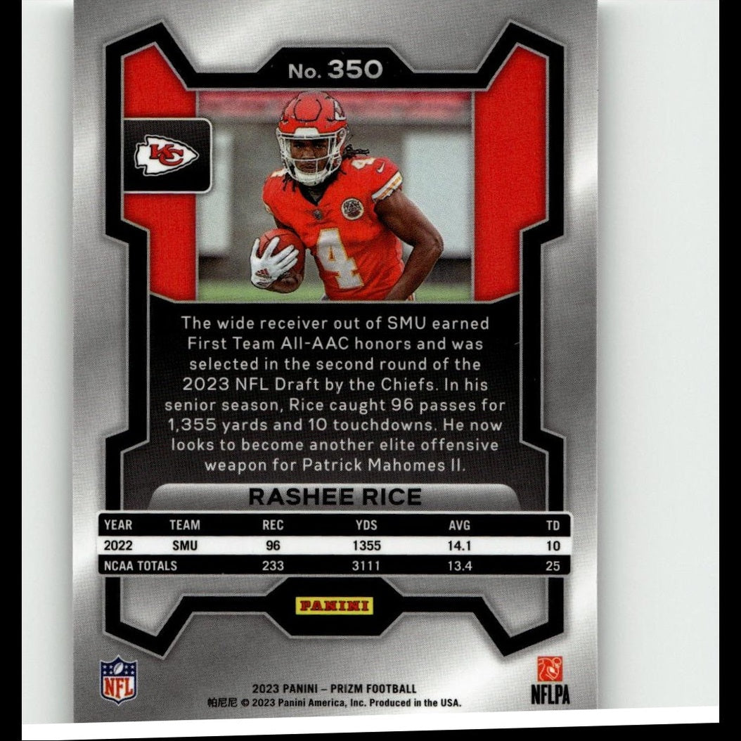 Red and black football trading card featuring rashee rice in a chiefs uniform.