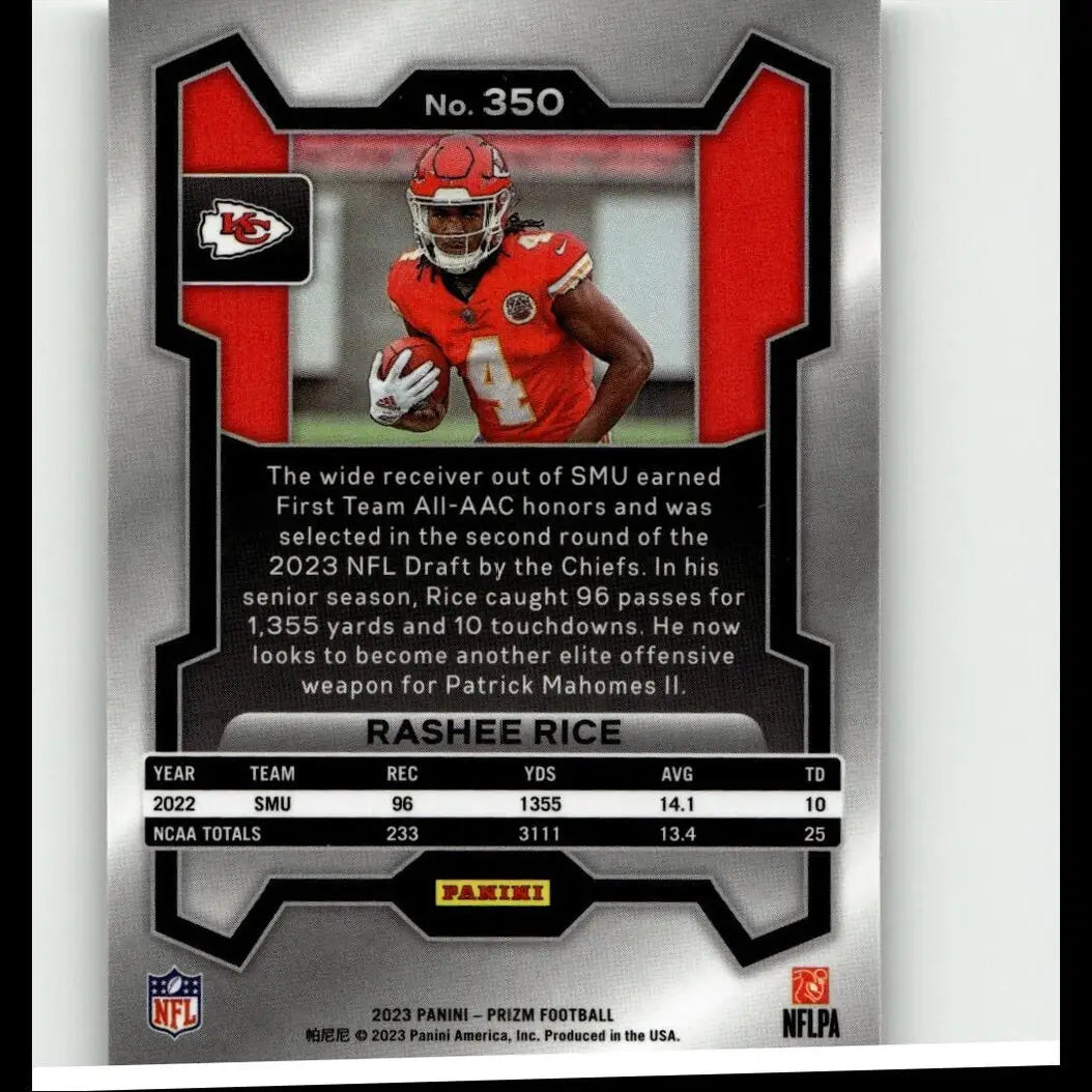 Red and black football trading card featuring rashee rice in a chiefs uniform.