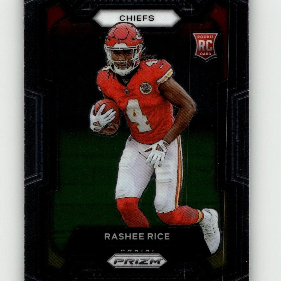 Red and white kansas city chiefs rookie rc card featuring rashee rice in his number 4 jersey.