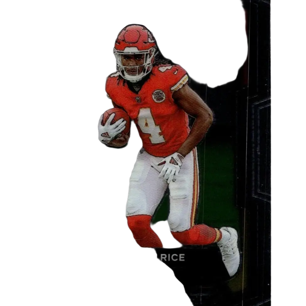 Red and white kansas city chiefs rookie rc card featuring rashee rice in his number 4 jersey.
