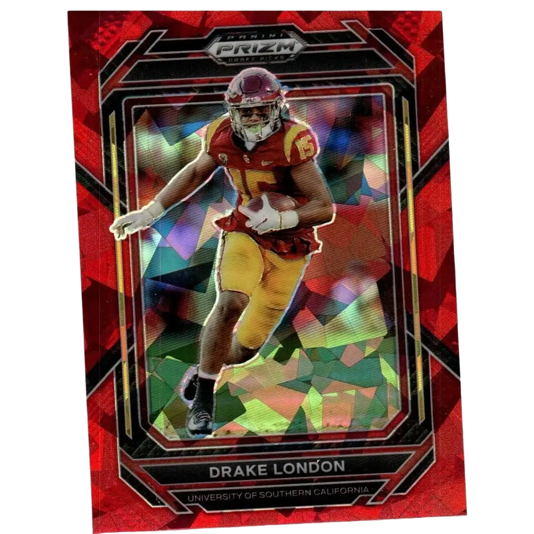 Red and black prizm trading card of drake london in usc uniform from 2023 panini prizm draft red ice series