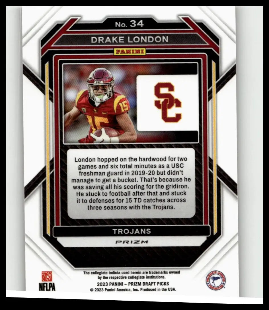 2023 panini prizm draft picks red ice football card featuring drake london in usc trojans uniform number 15